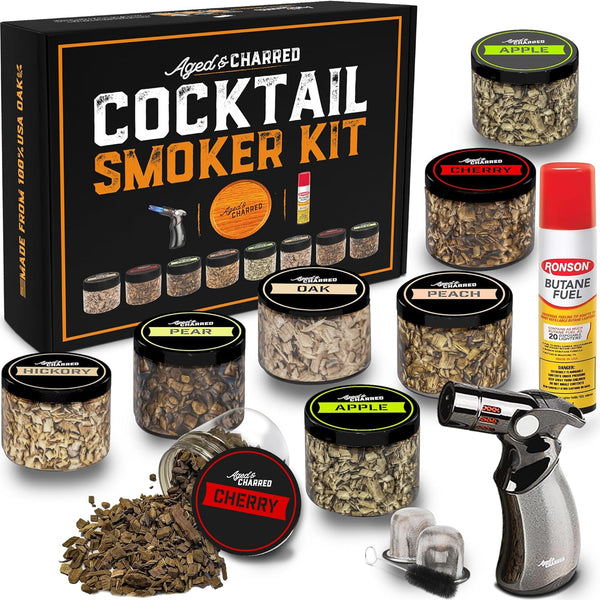 Cocktail Smoker Kit with Torch - High-End Set, USA Oak, Fine Wood Chips - Old Fashioned Cocktail Kit for Whiskey - Bourbon Gifts for Men - Gift from Wife, Daughter, Son (with Butane)