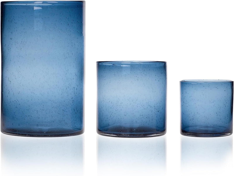 ARIAMOTION Candle Holder for Pillar Set 3 Modern Glass Bubbles Hurricane Cylinder Vases Table centerpieces Blue Home Decor Tabletop Kitchen Island Dining Room Coffee Bar 8" 5" 3.5" Height