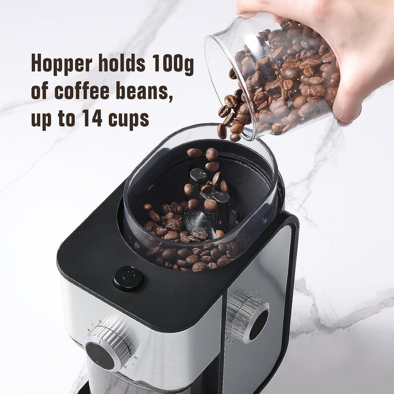 Ollygrin Flat Burr Coffee Grinder Electric, Coffee Bean Grinder Electric Espresso, Stainless Steel Coffee Bean Grinder With 14 Grind Settings 12 Cups SilverV01S