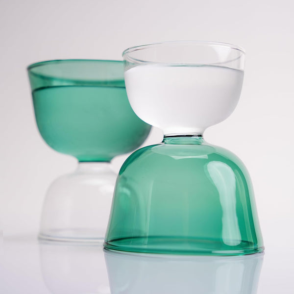 Unique Cocktail Glasses Set of 2 8-Ounce Double Sided Colorful Glass, Cute Cocktail Glassware Vintage Coupe Cups for Wine, Martini, Cordial, Margarita - Cool Colored Drinking Glass Set (Emerald Blue)