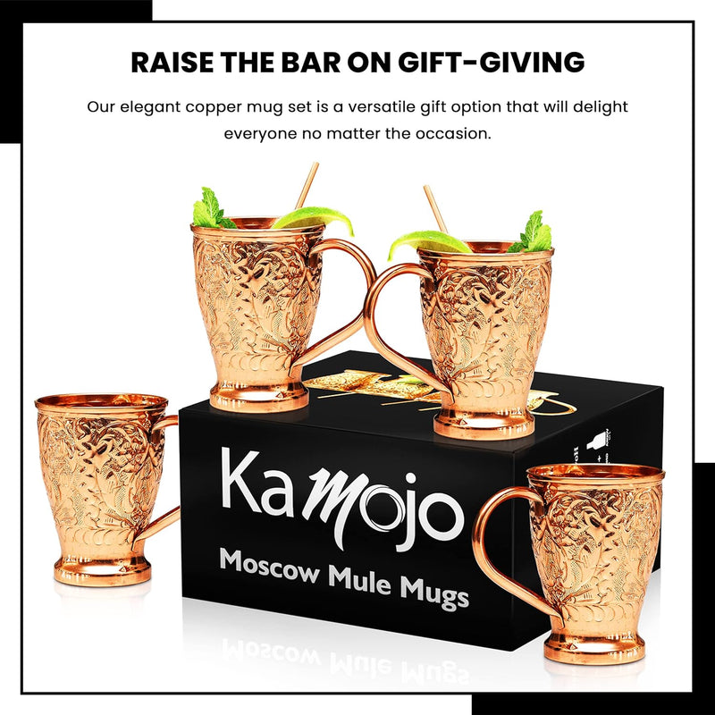 Kamojo Moscow Mule Cups Set of 4 - Premium Moscow Mule Copper Mugs with Unique Embossed Design & Anti-Tarnish, Food-Grade Coating - Copper Cups Gift Set with 4 Copper Straws & Recipe E-Book, 16 oz