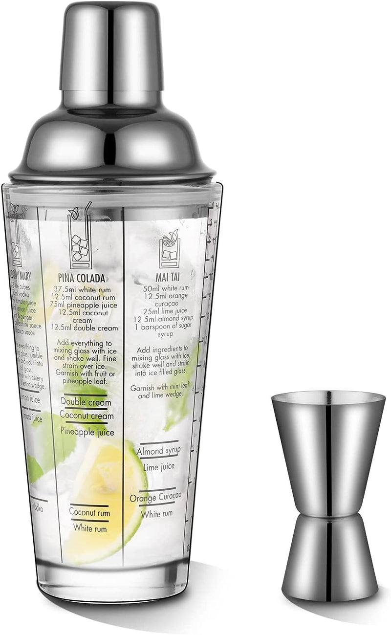 Glass Cocktail Shaker Printed with Recipes,14 oz Martini Shaker with Double Measuring Jigger,18/8 Grade Stainless Steel Mixing Shaker,Leak-Proof Lid,Drink Shaker,Bartender Kit Gifts.
