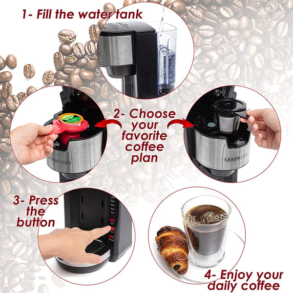Mixpresso Single Serve Coffee Brewer K-Cup Pods Compatible & Ground Coffee, 30 oz Compact Coffee Maker Single Serve With 5 Brew Sizes Up To 14 Oz, Fits Travel Mug, Adjustable Drip Tray, Black