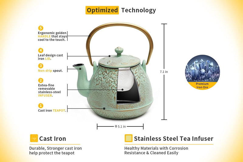 TOPTIER Japanese Teapot with Stainless Steel Infuser, Cast Iron Tea Kettle Stovetop Safe, Leaf Design Coated with Enameled Interior for 32 Ounce (950 ml), Light Green