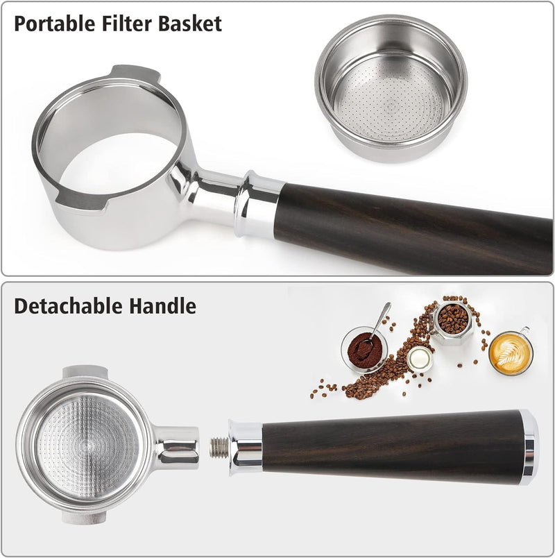 51mm Bottomless Portafilter 2 ears for Delonghi EC260/EC3420/EC155/ECP3120, 51mm Portafilter with Blackwood Handle 304 Stainless Steel Replacement Parts for Delonghi