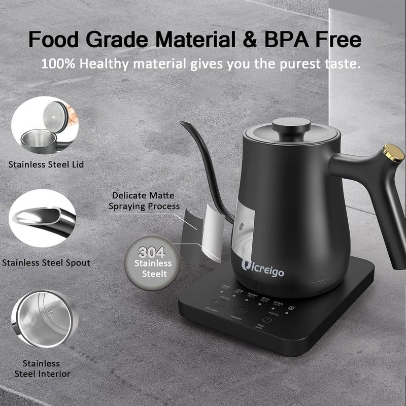 Ulcreigo Gooseneck Electric Kettle Temperature Control with 5 Variable Presets, Pour Over Coffee & Tea Kettle, 304 Stainless Steel Hot Water Boiler Heater Kettle for Boiling Water (Black)