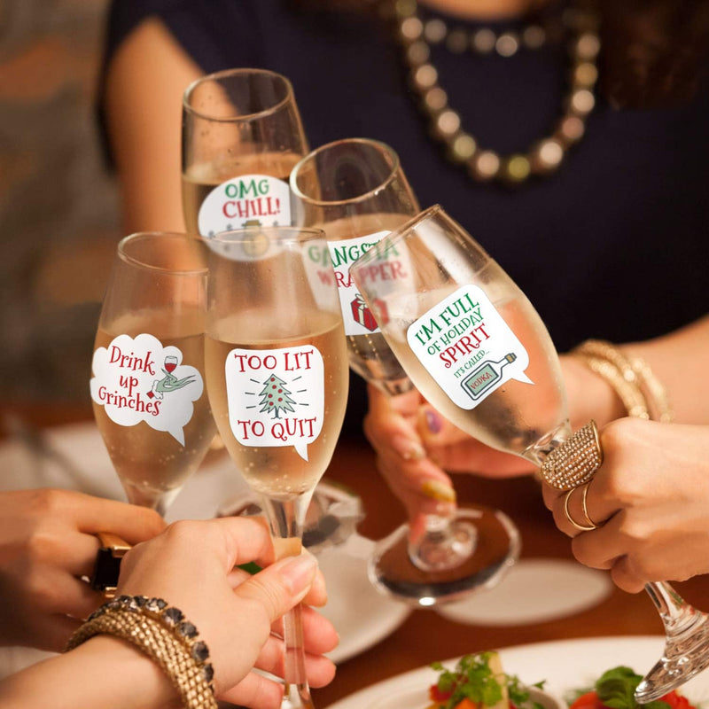 Lulu & You Funny Christmas Wine Glass Drink Markers - Wine Charms Alternative - 18 Static Cling Reusable Stickers (Xmas)