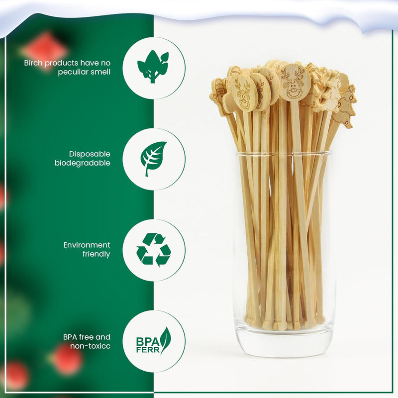 60PCS Bamboo Coffee Stirrers 6.9 inch Biodegradable Disposable Drink Stirrers，Suitable for Christmas Office Lounge Milk Cocktail Tea (Mix)