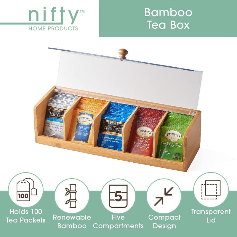 Nifty Solutions Bamboo Tea Box | 5 Compartment Tea Bag Storage | Stores up to 100 Tea Packets | Natural Wooden Tea Box | Tea Storage Containers | Organize Tea, Jewelry & Small Items