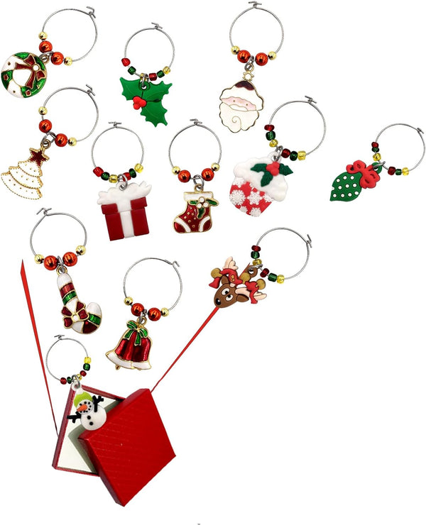 FunIdea 12 Piece Holiday Themed Christmas Wine Glass Charms, Wine Tasting Party Decoration Supplies Gift Box Set