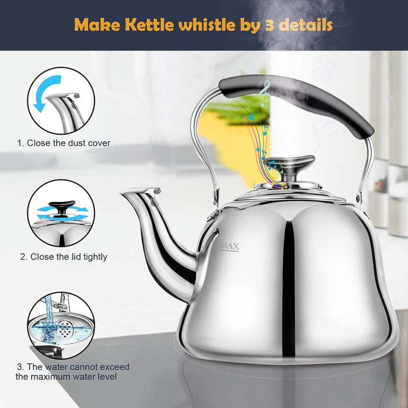 Tea Kettle Stovetop Whistling Teakettle Classic Teapot Stainless Steel Tea Pots for Stove Top with Thin Fast Heating Base, Mirror Finish, 2 liters