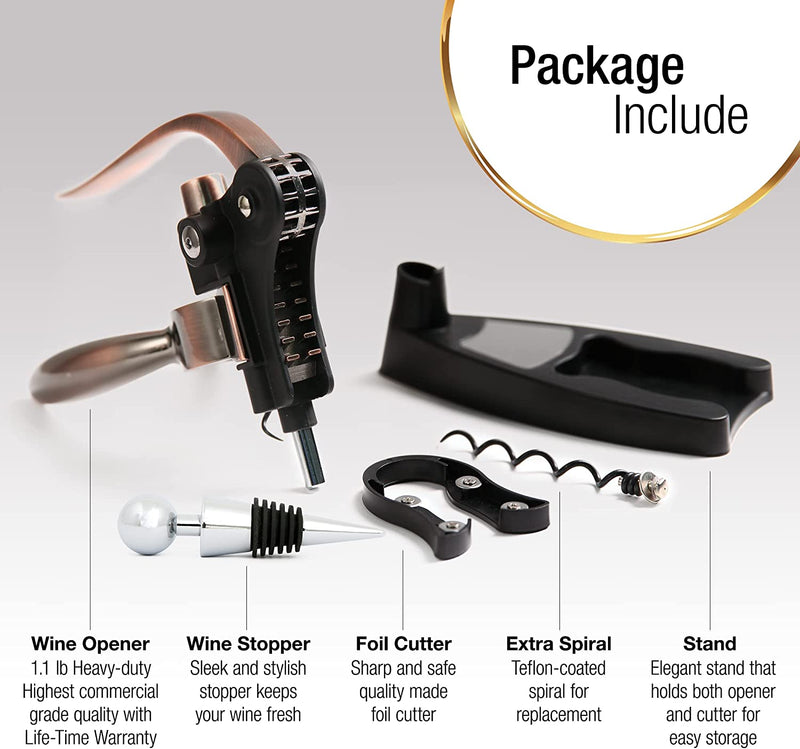 Wine Bottle Opener Corkscrew wine opener Set – Luxiluxy [2023 upgraded, does NOT break!] Including Foil Cutter, Bottle Stopper, Opener Stand and Extra Spiral - wine opener kit