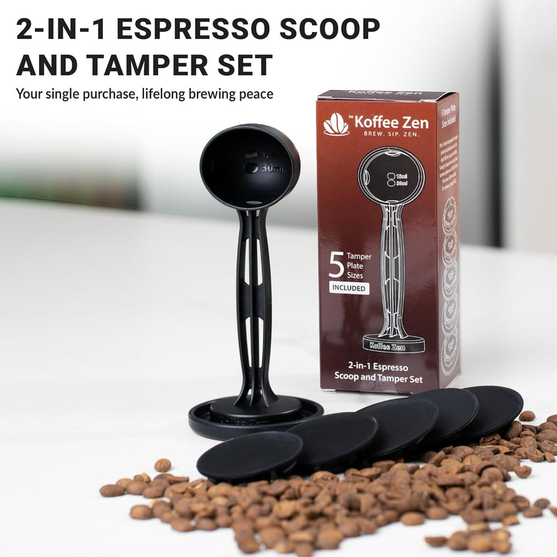 Koffee Zen Espresso Scoop with Tamper, 5 Espresso Tamper Plate Sizes Included (49mm - 58mm), Long Handle Coffee Scoop Measuring Spoon (1 & 2 tablespoon), Complete Coffee Tamper Set for Ground Coffee