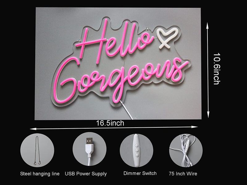 Hello Gorgeous  Beautiful LED Neon Lights Set with Dimmable Switch - HomeWeddingParty Backdrop 165x106in