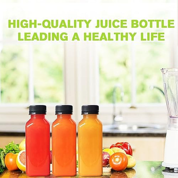 Plastic Juice Bottles with Caps 12 pcs, 12oz Reusable Juice Containers with Tamper Proof Lids Black, Clear Juice Bottles for Juicing, Milk, Smoothie, Drinking, and Other Beverages