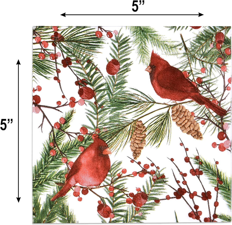 100 Christmas Cardinal Cocktail Beverage Napkins 3 Ply Disposable Paper Decorative Elegant Holiday Xmas Red Cardinals Birds Dessert Dinner Hand Napkin for Winter Wedding Party Supplies Tableware Decor