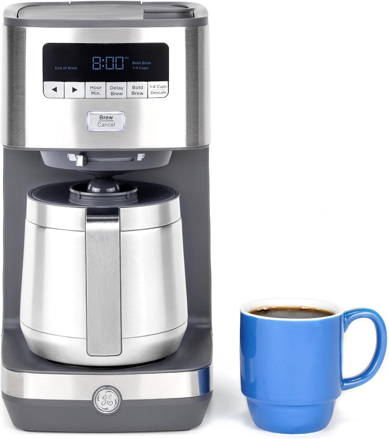 GE Drip Coffee Maker With Timer | 10-Cup Thermal Carafe Pot Keeps Coffee Warm for 2 Hours | Adjustable Brew Strength | Wide Shower Head for Maximum Flavor | Kitchen Essentials | Stainless Steel