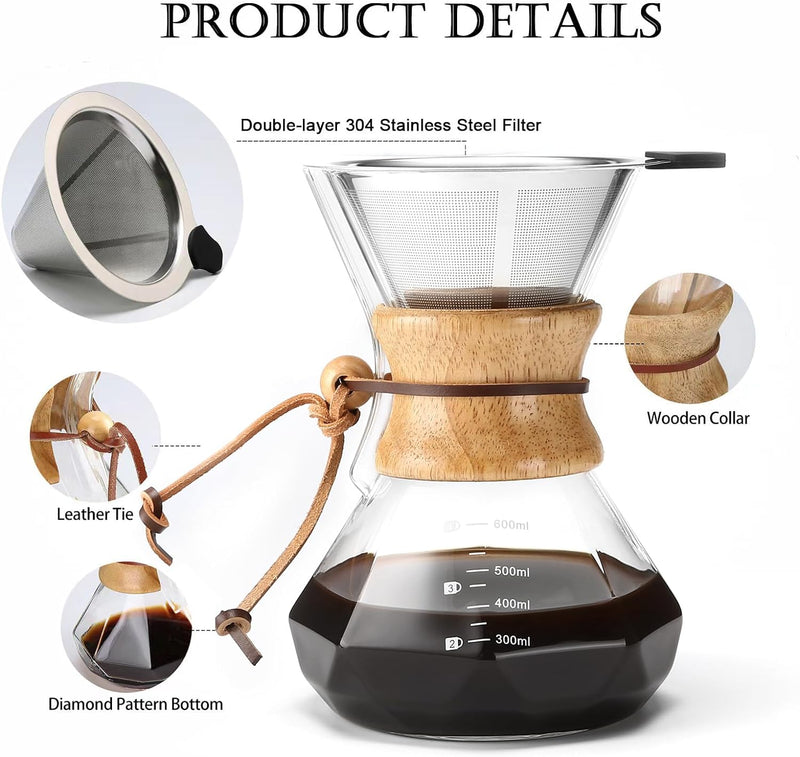 Lalord Pour Over Coffee Maker with Stainless Steel Filter, 20 oz Borosilicate Glass Coffee Carafe, Wooden Collar, Coffee Maker Carafe, Hold 3-4 Cups, 600 ml, Clear