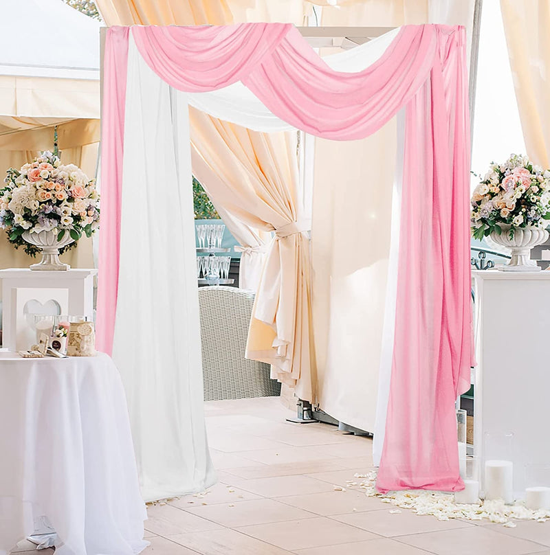 Chiffon Wedding Arch Drapes with Flowers - 2 Panels 6 Yards WhitePink
