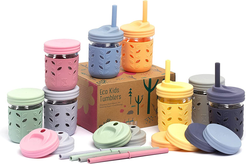 Elk and Friends Kids & Toddler Cups | The Original Glass Mason jars 8 oz with Silicone Sleeves & Silicone Straws with Stoppers | Smoothie Cups | Spill Proof Sippy Cups for Toddlers