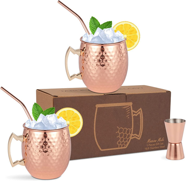 Moscow Mule Mugs Set of 2 - Hammered Moscow Mule Mugs Drinking Cup Stainless Steel Lining with 2 Straws-1 Jigger-Great Dining Entertaining Bar Gift Set (Mug Set of 2 double jigger included)