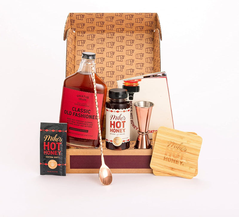 Mike's Hot Honey Cocktail Gift Set - Old Fashioned Cocktail Kit with Rose Gold Cocktail Jigger and Bar Spoon, Classic Old Fashioned Cocktail Mix, Hot Honey 10oz, 2 Coasters & Recipe Book