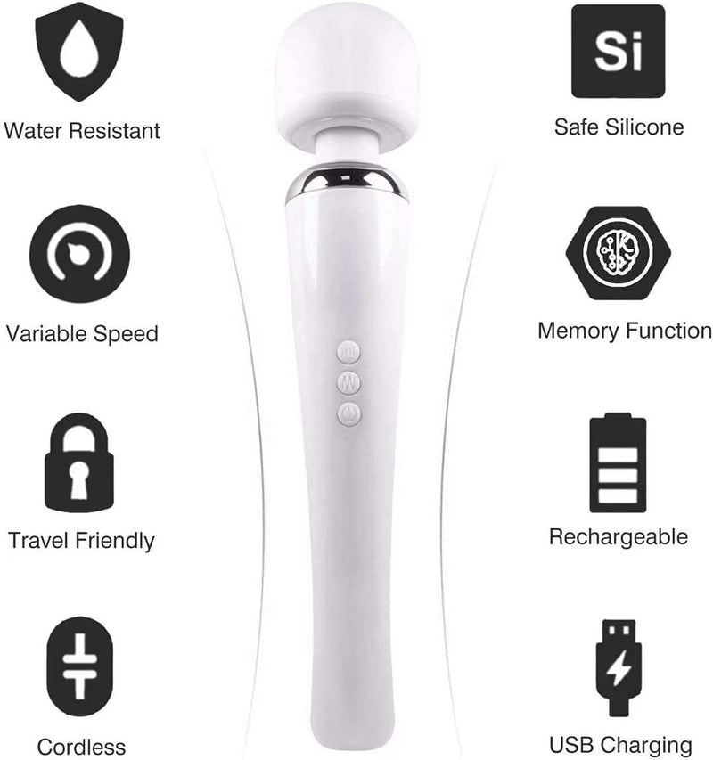 keenigh Wand Massager Therapeutic Personal Massager with 8 Speeds 20 Vibrating Patterns USB Rechargeable Handheld Cordless Wand Massager for Muscle Aches and Sports Recovery - White