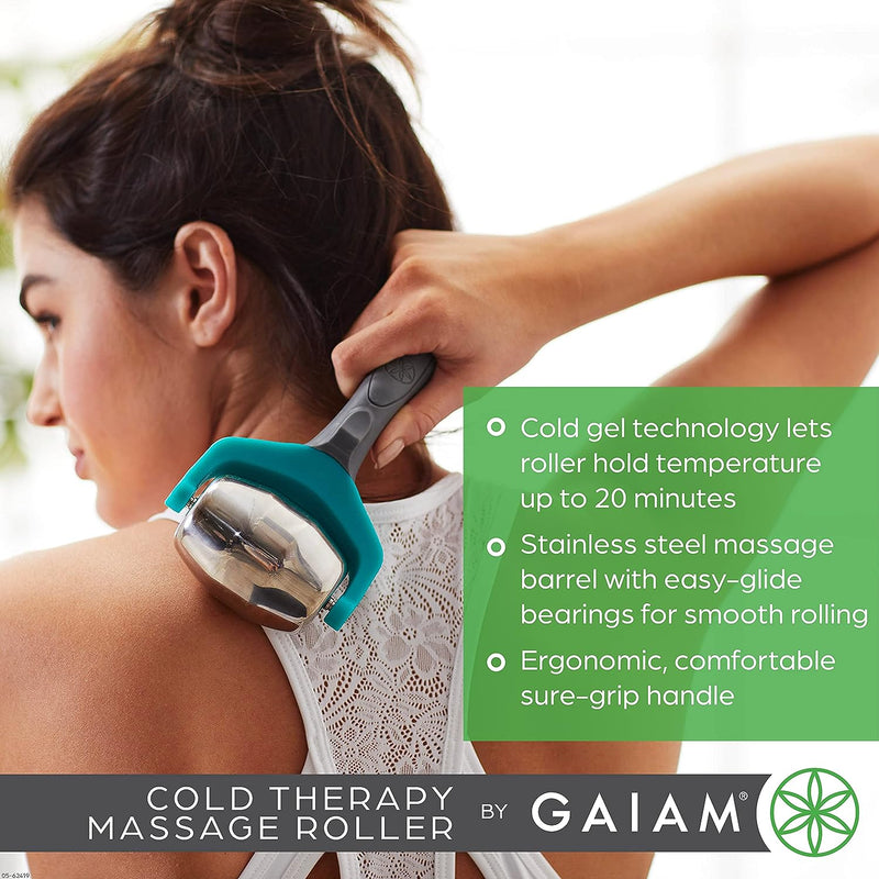 Gaiam Restore Cold Therapy Massage Roller - Easy-Glide Massage Ball Roller with Sure-Grip Handle - Muscle Massage Tool to Help with Sore Muscles, Neck, and Back Pain - Compact and Lightweight,Silver