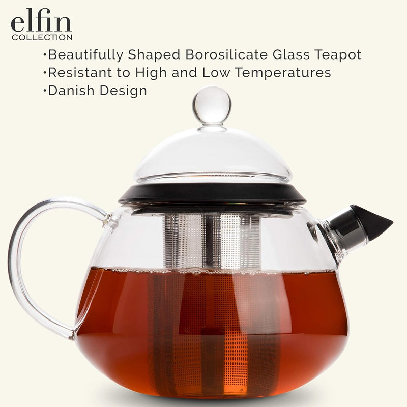 Elfin Glass Teapot with Infuser and Teapot Warmer (Stainless Steel) 28oz / 800ml Danish Designer Teapot Set – Stylish Clear Glass Tea Pot Sets with Infusers for Loose Leaf Tea and Tea Bags at Tea Time