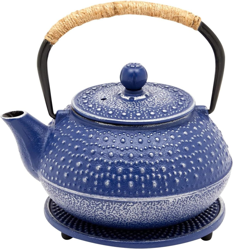 Cast Iron Teapot with Infuser - Japanese Tea Kettle, Loose Leaf Tetsubin with Handle and Trivet (Blue, 3 Pcs, holds 27 oz, 800 ml)