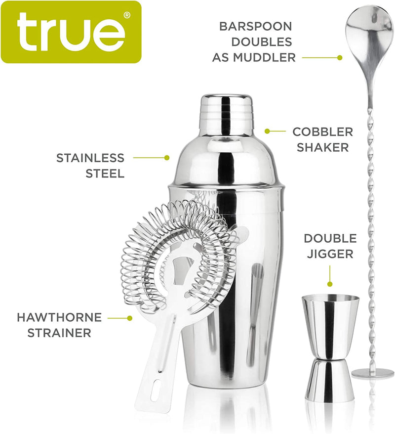 True Bar Drink Mixer Set, 19oz 4-piece Cocktail Shaker Set Bartender Kit, Bar Cocktail Sets, Cocktail Shaker Kit, Barware Tool Sets, Bar Accessories for the Home Bar Set (Stainless Steel)