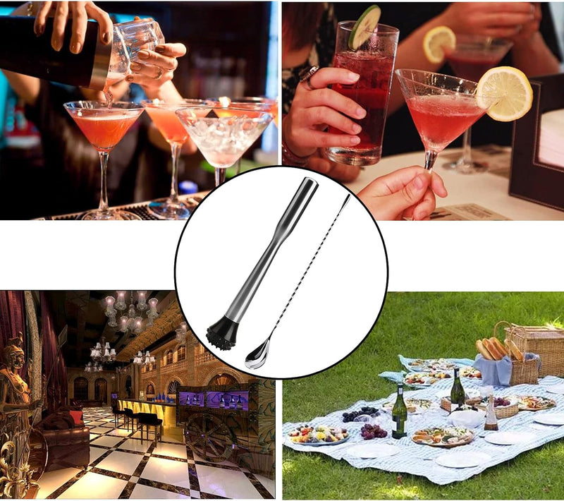 Stainless Steel Cocktail Muddler, Muddler Pestle with Mixing Bar Spoon, Bar Stick Mixed Spoon Bartender Cocktail Shaker Bar Tool Set