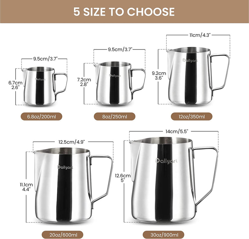 Milk Frothing Pitcher, Dailyart 12oz/350ML Milk Frother Cup 304 Stainless Steel Espresso Milk Steaming Pitcher with Art Pen, Espresso Machine Accessories Milk Pitcher for Cappuccino, Latte Art