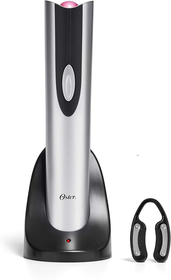 Oster Electric Wine Opener and Foil Cutter Kit with CorkScrew and Charging Base, Silver | Gifts for Wine Lovers