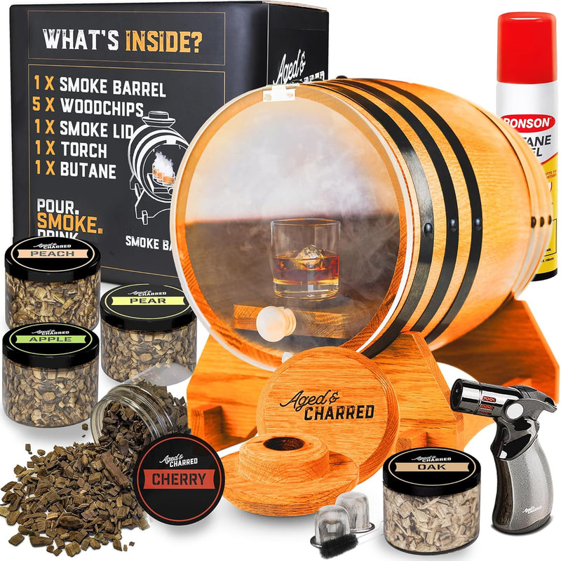 Old Fashioned Cocktail Kit for Whiskey, Bourbon & More - Premium Barrel Set, USA Oak - Cocktail Smoker Kit with Torch - Bourbon Gifts for Men - Gifts from Wife, Daughter, Son (with Butane)