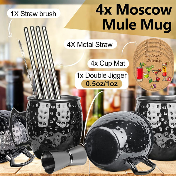 Moscow Mule Mugs- Set of 4 Gunmetal Black Stainless Steel Mug 18oz Bar Blade Cap Opener, for Chilled Drinks Party(Opener Set)
