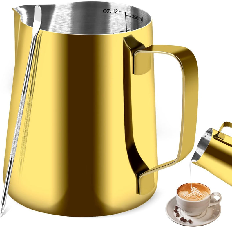 Milk Frothing Pitcher, Stainless Steel Espresso Milk Frothing Pitcher 12OZ/350ML Coffee Milk Frother Cup with Decorating Art Pen for Espresso Machine, Milk Frother, Latte Art