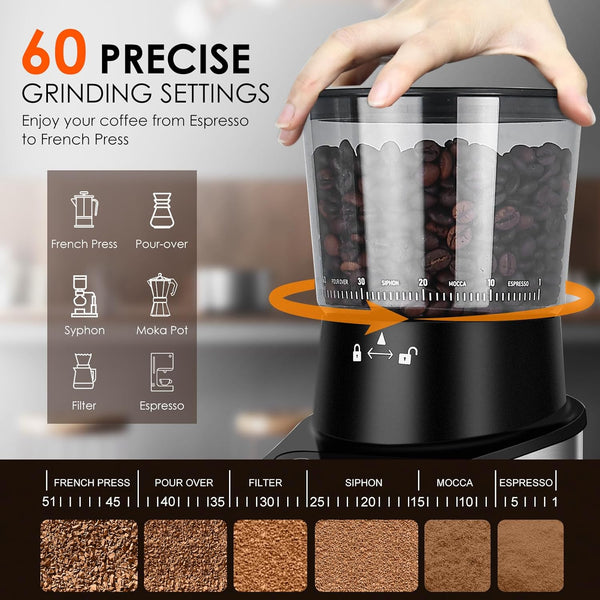 spoonlemon Conical Burr Coffee Grinder, Coffee Grinder Electric with Adjustable 60 Grind Settings, Touchscreen Burr Grinders for Coffee Beans with Precision Electronic Timer, Stainless Steel for Home