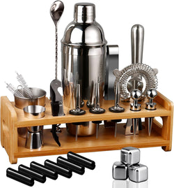 26-Piece Bartender Kit Cocktail Shaker Set | Stainless Steel Bar Set with Bamboo Stand Bar Tools Cocktail Kit for Christmas Drink Mixing,Home,Bar,Party, Gift Bartending Kit(Silver)