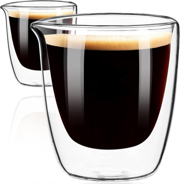 Glass Double Walled Espresso Cups Set of 4 - Wide Italian  Style Clear 2.6 OZ Doppio Cups - Espresso Accessories Small Double Wall  Expresso Coffee Cups: Espresso Cups