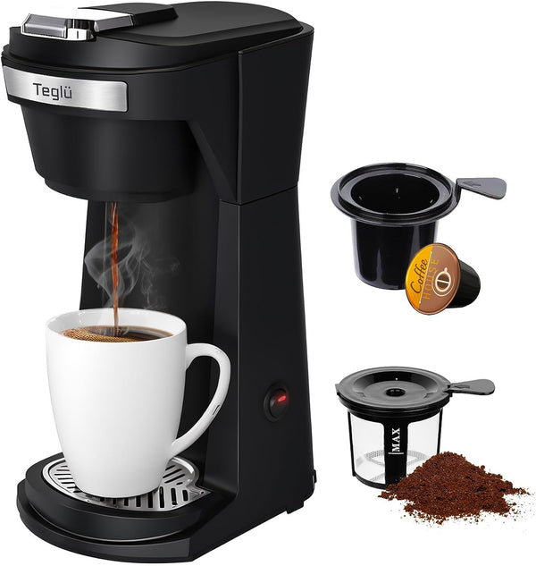 Teglu Single Serve Coffee Maker for K Cup Pod & Ground Coffee 2 in 1, K Cup Coffee Machine 14 Oz Brew Size, Mini One Cup Coffee Pot Fast Brewing 800W, Reusable Filter, CM208, Black