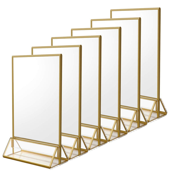 6Pack 5 X 7 Clear Acrylic Wedding Table Number Holder Stands with Gold Borders, Double Sided Gold Picture Frames Sign Holder for Restaurant Table Menu Recipe Cards Photo Display