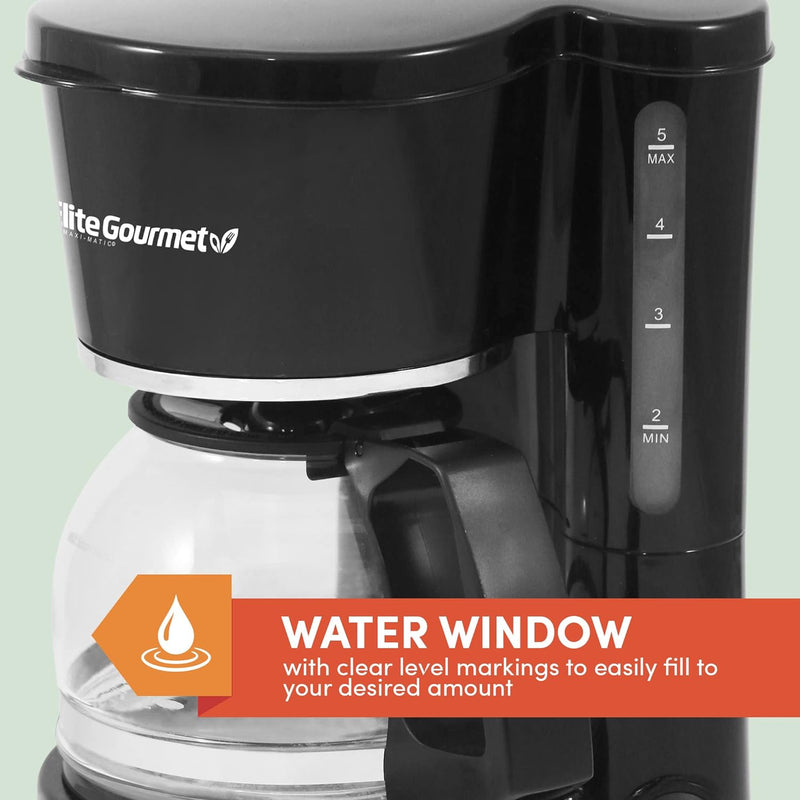 Elite Gourmet EHC-5055# Automatic Brew & Drip Coffee Maker with Pause N Serve Reusable Filter, On/Off Switch, Water Level Indicator, Black