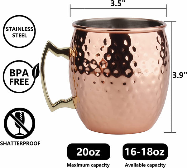 Arora Moscow Mule Mug, Set of 2 Copper Hammered, Durable for Home Dining, Max Capacity 20oz, 3.7" D x 3.9" H