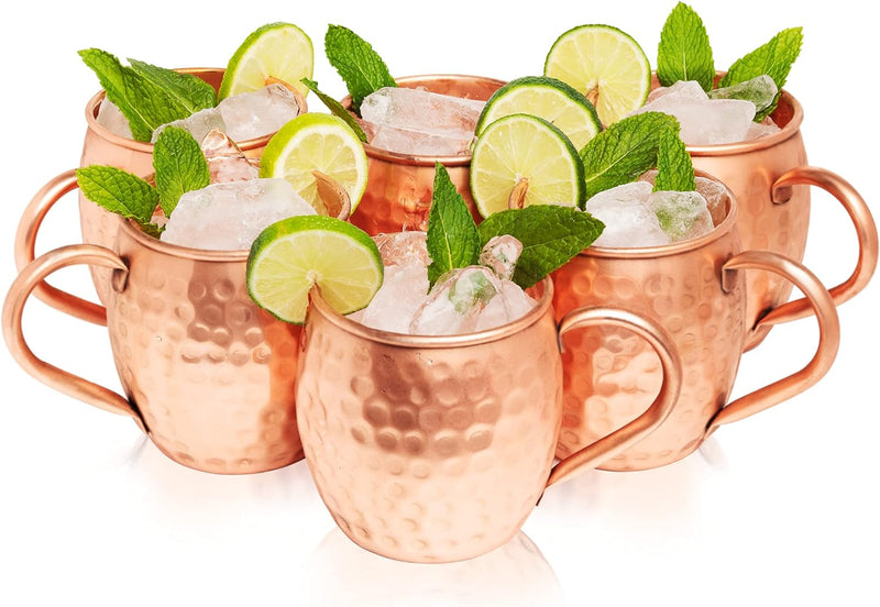 Kitchen Science Moscow Mule Copper Mugs Set of 8 (16oz) | Food Grade 100% Pure Copper Cups | Handcrafted w/Lacquered Hammered Finish, Smooth Rounded Lip, Ergonomic Handle (No Rivet) w/Solid Grip