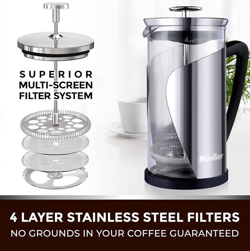 Mueller French Press Coffee, 20% Heavier Duty Stainless Steel Frame & Trumax Borosilicate Glass Coffee Press with 4 Level Filtration System, Easy Clean, 34oz-8 cups