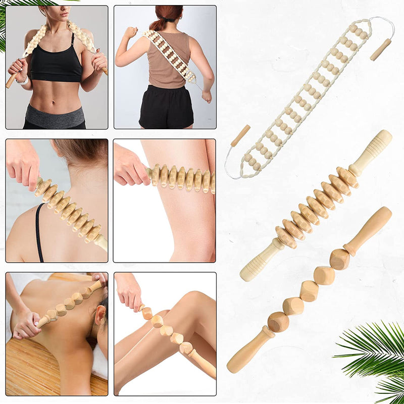 10 Pieces Wood Massage Tools Kit Wooden Maderoterapia Cellulite Massage Roller Lymphatic Drainage Health Care for Neck Leg Back Arm Body Muscle Pain Relief Tools