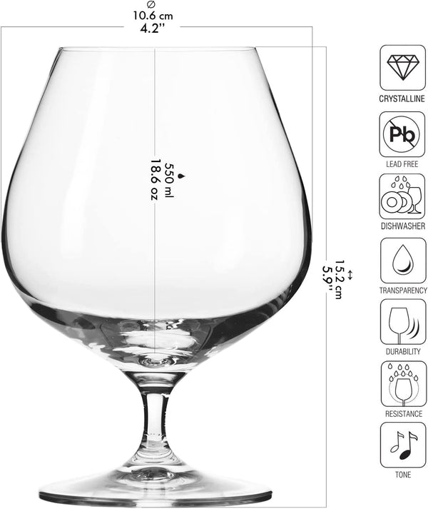 KROSNO Brandy Cognac Snifter Glasses | Set of 6 | 18.6 oz | Harmony Collection | Perfect for Home Restaurants and Parties | Dishwasher Safe | Gift Idea | Made in Europe