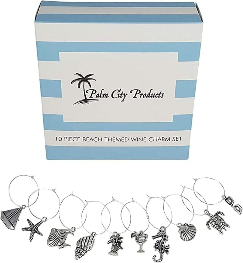 Palm City Products 10 Piece Beach Themed Wine Charm Set - Nautical Stemmed Wine Glass Charms