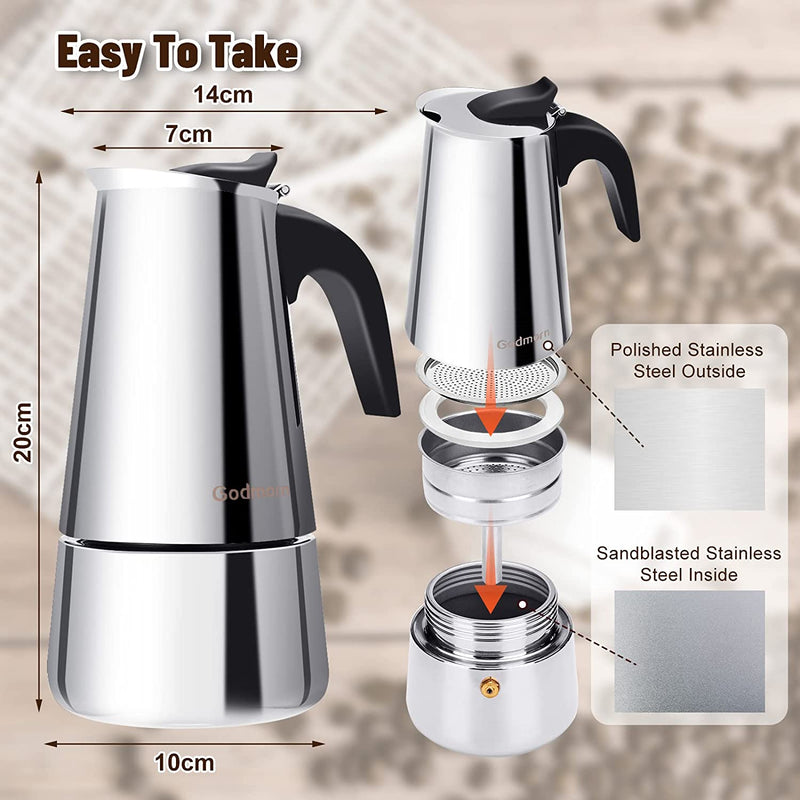 Godmorn Stovetop Espresso Maker, Moka Pot, Percolator Italian Coffee Maker, 300ml/10oz/6 cup (espresso cup=50ml), Classic Cafe Maker, stainless steel , suitable for induction cookers